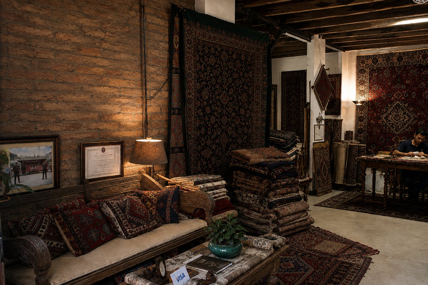 Ambiente de ateliê com tapetes e mesa de trabalho